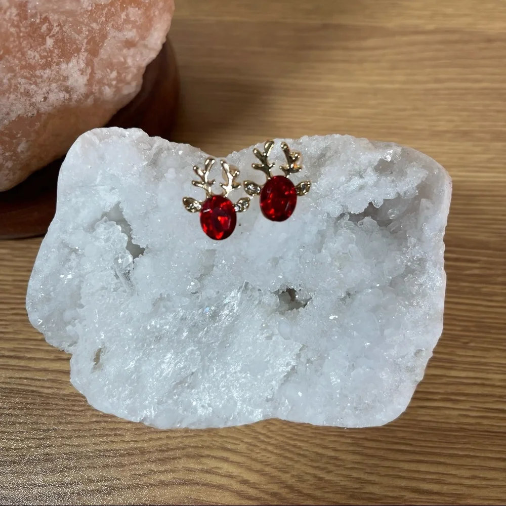 Gold Reindeer Stud Earrings with Red Faux Gemstones